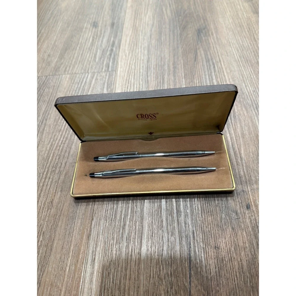 Vintage Cross Chrome Pen and Pencil Set with Original Brown Presentation Case